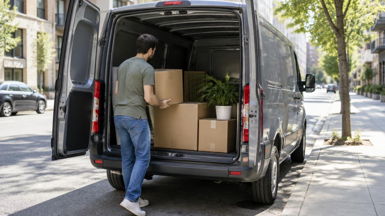 Utovar kartonskih kutija u teretni kombi za najam u Zagrebu – ilustracija
